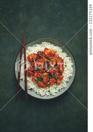 fried chicken teriyaki with rice, green onion and sesame, homemade, no people, 132275184
