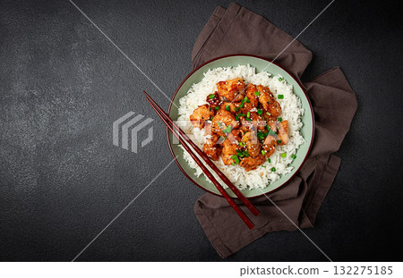 fried chicken teriyaki with rice, green onion and sesame, homemade, no people, 132275185