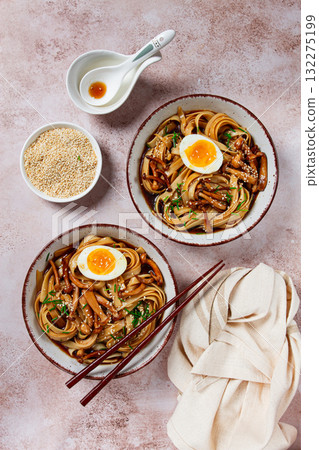 buckwheat noodles soba with shimeji mushrooms, with boiled egg, green onion, sesame seeds, homemade, without people, 132275199