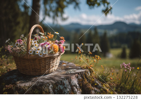 Wicker Basket of Colorful Wildflowers on a Mossy Stump in a Scenic Valley Wicker Basket of Colorful Wildflowers on a Mossy Stump in a Scenic Valley 132275228