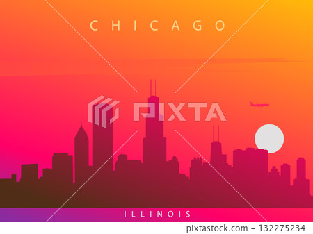 Chicago skyline at sunset. A picturesque illustration of the downtown skyline against a vivid evening sky. Illinois, USA 132275234