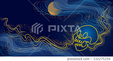 Halloween decoration card. Human scull. Continuous One line drawing 132275250