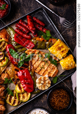 Assortment of grilled bbq meat and vegetables Assortment of grilled bbq meat and vegetables 132275280