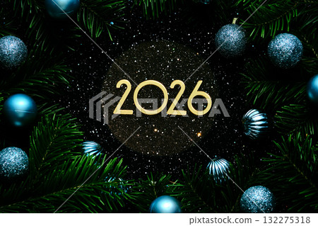 New Year 2026 dark background. Number of the coming year in Christmas decoration 132275318