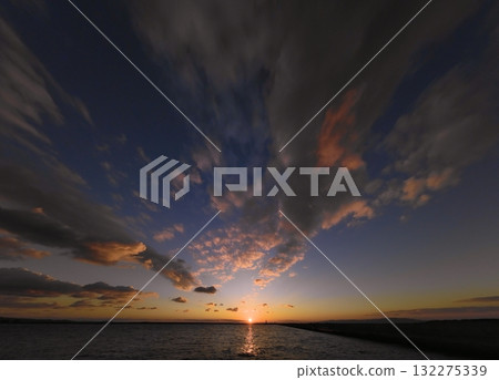 Dramatic evening sky with a variety of clouds and the harbor, winter, ultra-wide angle, sky-focused, 250104pm 132275339