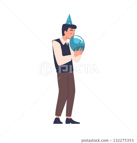 Man Character on Holiday in Hat Blowing Balloon Celebrating Birthday Party Vector Illustration 132275353