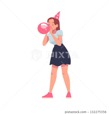 Woman Character on Holiday in Hat Blowing Balloon Celebrating Birthday Party Vector Illustration Woman Character on Holiday in Hat Blowing Balloon Celebrating Birthday Party Vector Illustration 132275356
