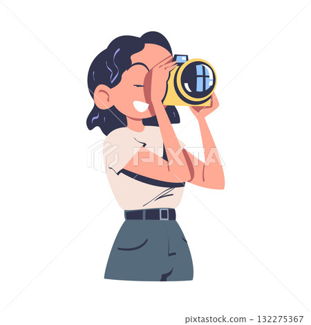 Woman Photographer with Camera Engaged in Professional Job Vector Illustration Woman Photographer with Camera Engaged in Professional Job Vector Illustration 132275367