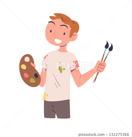 Man Artist with Palette and Brush Engaged in Professional Job Vector Illustration 132275368