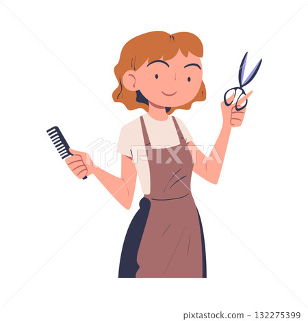 Woman Hairdresser in Apron with Scissors Engaged in Professional Job Vector Illustration Woman Hairdresser in Apron with Scissors Engaged in Professional Job Vector Illustration 132275399