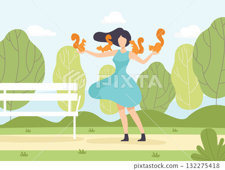 Woman Stand with Squirrels at Nature Enjoy Outdoor Activity Vector Illustration 132275418