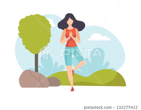 Woman Do Yoga at Nature Enjoy Outdoor Activity Vector Illustration 132275422