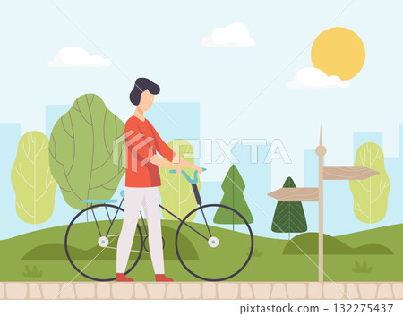 Man Ride Bicycle at Nature Enjoy Outdoor Activity Vector Illustration Man Ride Bicycle at Nature Enjoy Outdoor Activity Vector Illustration 132275437