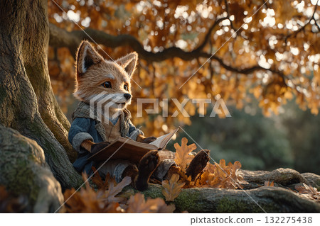 一隻可愛的擬人狐狸在樹下讀書 一隻可愛的擬人狐狸在樹下讀書 132275438