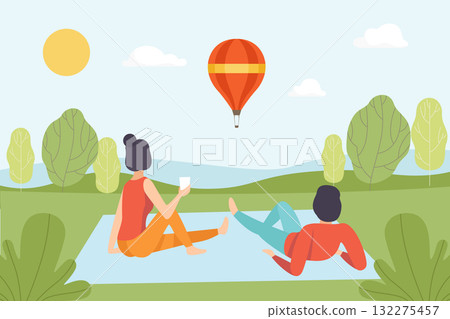Man and Woman at Nature Enjoy Outdoor Activity Vector Illustration 132275457