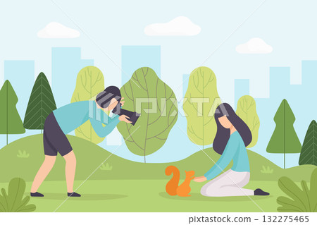 Man and Woman Take Photo at Nature Enjoy Outdoor Activity Vector Illustration Man and Woman Take Photo at Nature Enjoy Outdoor Activity Vector Illustration 132275465
