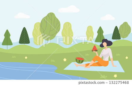 Woman at Nature Enjoy Outdoor Activity Have Picnic Vector Illustration Woman at Nature Enjoy Outdoor Activity Have Picnic Vector Illustration 132275468