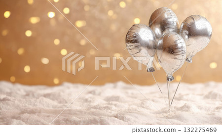 A greeting card with foil balloons on snow, a festive sparkling background. Banner with copy space, warm Christmas atmosphere A greeting card with foil balloons on snow, a festive sparkling background. Banner with copy space, warm Christmas atmosphere 132275469