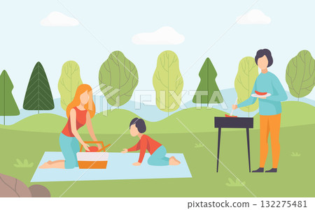 Man and Woman at Nature Enjoy Outdoor Activity Have Picnic Vector Illustration 132275481