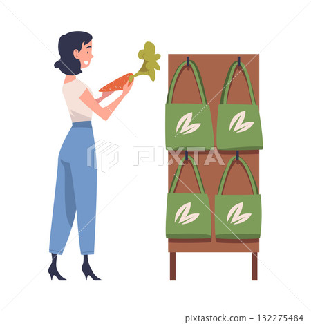 Woman Character in Eco Market with Shopping Bag Vector Illustration Woman Character in Eco Market with Shopping Bag Vector Illustration 132275484