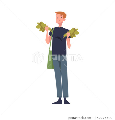 Man Character in Eco Market with Shopping Bag Vector Illustration 132275500