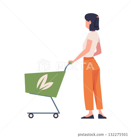 Woman Character in Eco Market with Shopping Cart Vector Illustration 132275501