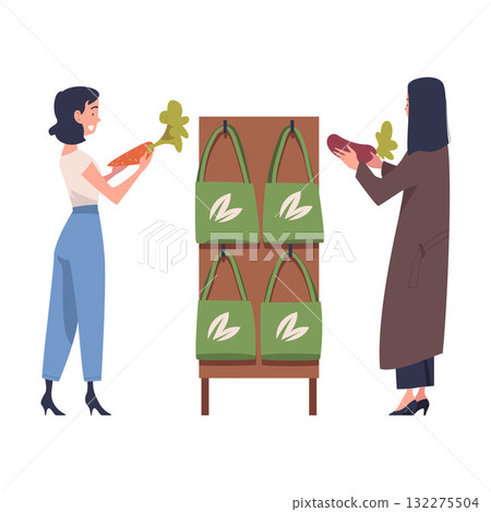Woman Character in Eco Market with Shopping Bag Vector Illustration Woman Character in Eco Market with Shopping Bag Vector Illustration 132275504