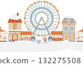 Seamless vector border. Winter amusement park, Christmas market, winter town, Christmas street. Christmas holiday fair, market, carousel with horses, Ferris wheel, winter houses. Hand-drawn flat Seamless vector border. Winter amusement park, Christmas market, winter town, Christmas street. Christmas holiday fair, market, carousel with horses, Ferris wheel, winter houses. Hand-drawn flat 132275508