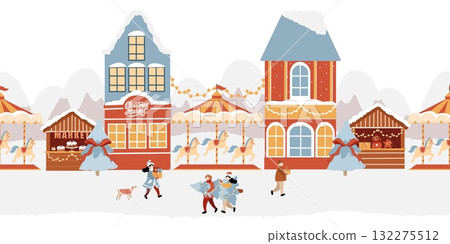 Seamless vector border. Winter amusement park, Christmas market, winter town, Christmas street. Christmas holiday fair, carousel with horses, Christmas tree, winter houses, festive people with Seamless vector border. Winter amusement park, Christmas market, winter town, Christmas street. Christmas holiday fair, carousel with horses, Christmas tree, winter houses, festive people with 132275512