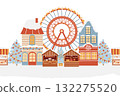 Seamless vector border. Winter amusement park, Christmas market, winter town, Christmas street. Christmas holiday fair, Ferris wheel, Christmas tree, winter houses. Hand-drawn flat illustration Seamless vector border. Winter amusement park, Christmas market, winter town, Christmas street. Christmas holiday fair, Ferris wheel, Christmas tree, winter houses. Hand-drawn flat illustration 132275520