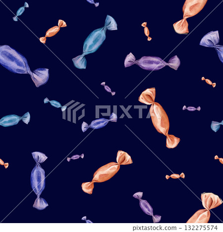 Seamless watercolor pattern featuring orange, blue, and purple candies with white flowers. Hand-painted design perfect for Halloween wrapping paper or textile projects. Seamless watercolor pattern featuring orange, blue, and purple candies with white flowers. Hand-painted design perfect for Halloween wrapping paper or textile projects. 132275574
