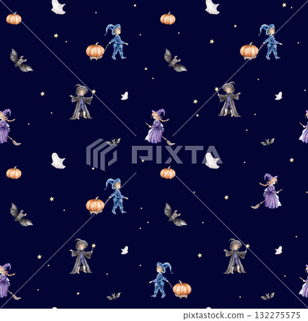 Seamless pattern for Halloween with wizard in a hat and cloak with a magic wand with stars, fairy or witch on a broomstick, ghost and pumpkin. Hand drawn fantasy repeat illustrations for kids' design Seamless pattern for Halloween with wizard in a hat and cloak with a magic wand with stars, fairy or witch on a broomstick, ghost and pumpkin. Hand drawn fantasy repeat illustrations for kids' design 132275575