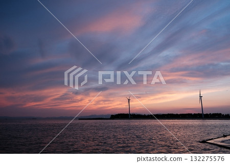 Colorful Sunset Water Wind Turbine Tranquil Sky 132275576