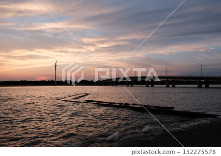 Colorful Sunset Water Wind Turbine Tranquil Sky Colorful Sunset Water Wind Turbine Tranquil Sky 132275578