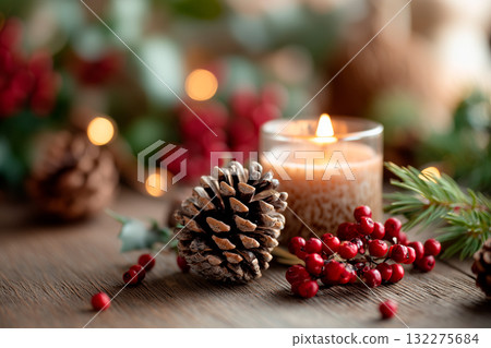Christmas candle with pine cones and red berries 132275684