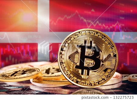 Bitcoin with Denmark flag in the background. Investors in cryptocurrency and Blockchain Technology in Denmark, Concept 132275723
