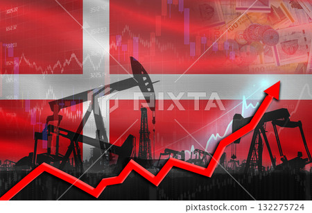Oil production with Denmark flag, petrol industry. Oil pumps with Denmark flag 132275724