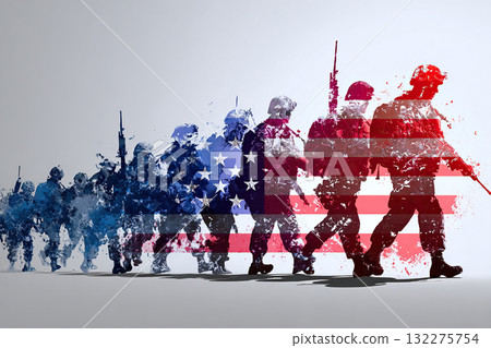 Silhouettes of American soldiers on a white background with a US flag. 132275754