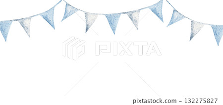 Watercolor blue bunting garland frame, border. Hand painted baby shower, birthday decoration for boy party, nursery wall print or invitation, cards, templates background. Watercolor blue bunting garland frame, border. Hand painted baby shower, birthday decoration for boy party, nursery wall print or invitation, cards, templates background. 132275827