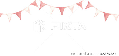 Watercolor pink bunting garland frame, border. Hand painted baby shower, birthday decoration for girl party, nursery wall print or invitation, cards, templates background. 132275828