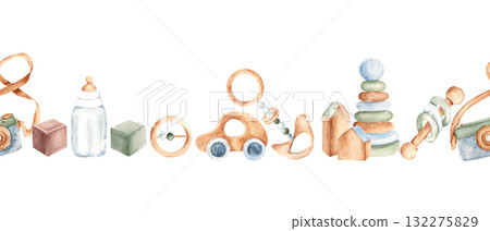 Watercolor baby toys seamless pattern, border with camera, rattles, auto, milk bottle and pyramid. Hand drawn illustration for nursery or baby shower card, invitation. Watercolor baby toys seamless pattern, border with camera, rattles, auto, milk bottle and pyramid. Hand drawn illustration for nursery or baby shower card, invitation. 132275829