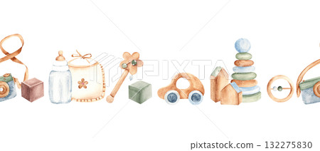 Watercolor baby toys seamless pattern, border with camera, bib, rattle, car and pyramid. Hand drawn wooden elements for nursery or baby shower card, invitation. 132275830