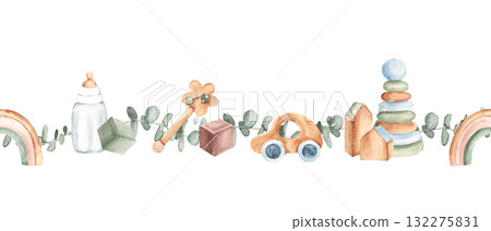 Watercolor baby toys seamless border, pattern with car, milk bottle, rattle, stacking toy, rainbow and eucalyptus branches. Hand painted nursery design for baby shower cards or invitations. 132275831