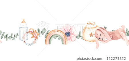 Watercolor baby girl seamless border, pattern with bottle, rainbow, flower, bib and bunny toy. Hand painted nursery design, for baby shower invitation or card. Watercolor baby girl seamless border, pattern with bottle, rainbow, flower, bib and bunny toy. Hand painted nursery design, for baby shower invitation or card. 132275832