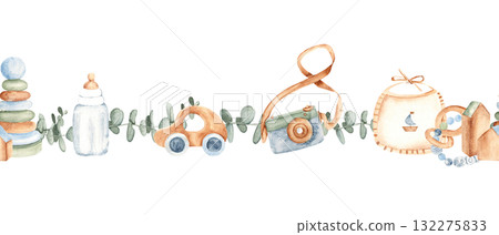 Watercolor baby boy seamless border, pattern with wooden car, bottle, photo camera, bib, toys and eucalyptus branches. Hand painted nursery design, for baby shower card or invitation. Watercolor baby boy seamless border, pattern with wooden car, bottle, photo camera, bib, toys and eucalyptus branches. Hand painted nursery design, for baby shower card or invitation. 132275833
