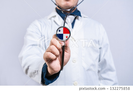 Doctor hands holding stethoscope with Panama flag. Panama health and care concept 132275858