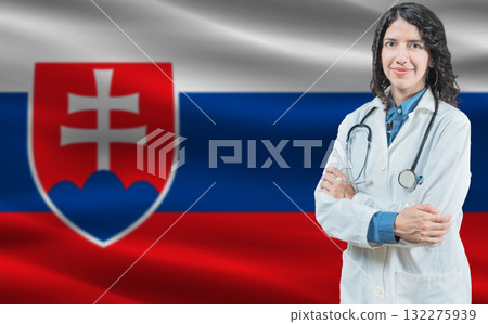 Slovak medicine and healthcare concept. Close up of doctor against Slovakia flag background Slovak medicine and healthcare concept. Close up of doctor against Slovakia flag background 132275939
