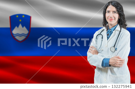 Slovenian medicine and healthcare concept. Close up of doctor against Slovenia flag background Slovenian medicine and healthcare concept. Close up of doctor against Slovenia flag background 132275941