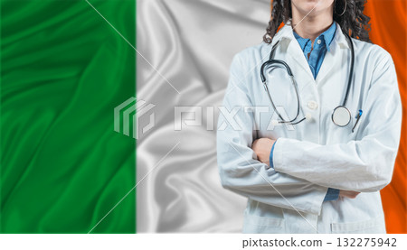 Medical professional on Ireland flag. Healthcare and wellness in Ireland, Concept Medical professional on Ireland flag. Healthcare and wellness in Ireland, Concept 132275942