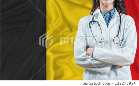 Medical professional on Belgium flag. Healthcare and wellness in Belgium, Concept 132275954